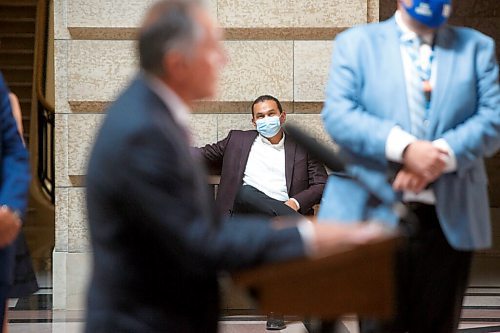 MIKE DEAL / WINNIPEG FREE PRESS
Opposition leader Wab Kinew listens to Selkirk MLA Alan Lagimodiere Manitoba's new minister responsible for Indigenous affairs talk to the press Thursday morning. 
210715 - Thursday, July 15, 2021.