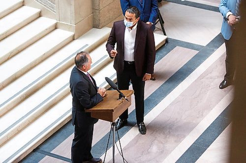 MIKE DEAL / WINNIPEG FREE PRESS
Selkirk MLA Alan Lagimodiere Manitoba's new minister responsible for Indigenous affairs is confronted by Opposition leader Wab Kinew while making a statement to the press about residential schools. 
210715 - Thursday, July 15, 2021.