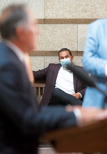 MIKE DEAL / WINNIPEG FREE PRESS
Opposition leader Wab Kinew listens to Selkirk MLA Alan Lagimodiere Manitoba's new minister responsible for Indigenous affairs talk to the press Thursday morning. 
210715 - Thursday, July 15, 2021.