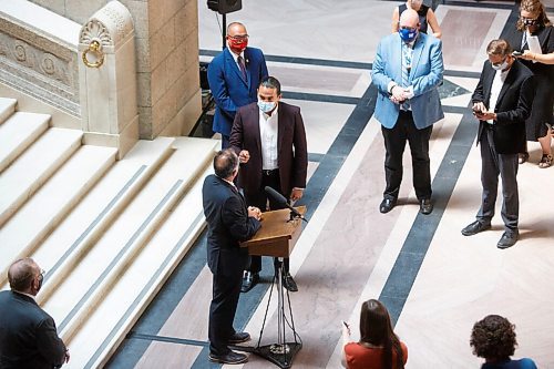 MIKE DEAL / WINNIPEG FREE PRESS
Selkirk MLA Alan Lagimodiere Manitoba's new minister responsible for Indigenous affairs is confronted by Opposition leader Wab Kinew while making a statement to the press about residential schools. 
210715 - Thursday, July 15, 2021.