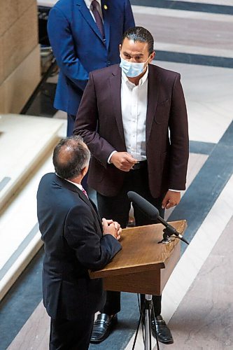 MIKE DEAL / WINNIPEG FREE PRESS
Selkirk MLA Alan Lagimodiere Manitoba's new minister responsible for Indigenous affairs is confronted by Opposition leader Wab Kinew while making a statement to the press about residential schools. 
210715 - Thursday, July 15, 2021.