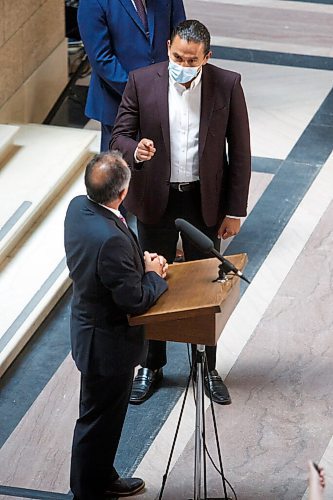 MIKE DEAL / WINNIPEG FREE PRESS
Selkirk MLA Alan Lagimodiere Manitoba's new minister responsible for Indigenous affairs is confronted by Opposition leader Wab Kinew while making a statement to the press about residential schools. 
210715 - Thursday, July 15, 2021.