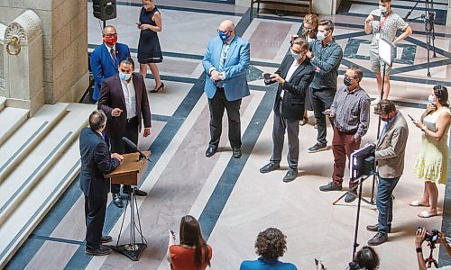 MIKE DEAL / WINNIPEG FREE PRESS
Selkirk MLA Alan Lagimodiere Manitoba's new minister responsible for Indigenous affairs is confronted by Opposition leader Wab Kinew while making a statement to the press about residential schools. 
210715 - Thursday, July 15, 2021.