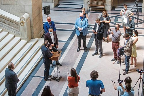 MIKE DEAL / WINNIPEG FREE PRESS
Selkirk MLA Alan Lagimodiere Manitoba's new minister responsible for Indigenous affairs is confronted by Opposition leader Wab Kinew while making a statement to the press about residential schools. 
210715 - Thursday, July 15, 2021.