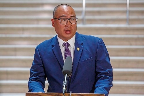 MIKE DEAL / WINNIPEG FREE PRESS
Waverley MLA Jon Reyes the new minister of economic development and jobs talks to the media after being sworn in Thursday morning.
210715 - Thursday, July 15, 2021.