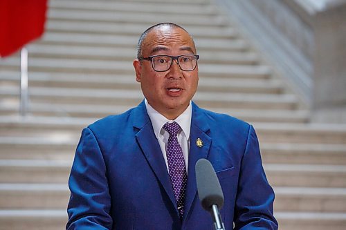 MIKE DEAL / WINNIPEG FREE PRESS
Waverley MLA Jon Reyes the new minister of economic development and jobs talks to the media after being sworn in Thursday morning.
210715 - Thursday, July 15, 2021.