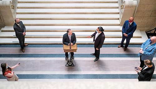 MIKE DEAL / WINNIPEG FREE PRESS
Selkirk MLA Alan Lagimodiere Manitoba's new minister responsible for Indigenous affairs is confronted by Opposition leader Wab Kinew while making a statement to the press about residential schools. 
210715 - Thursday, July 15, 2021.