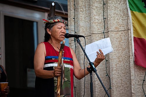 Daniel Crump / Winnipeg Free Press. Elder Alma Kakikepinace speaks at the ProtectEdMB rally at the Manitoba legislature, Saturday morning. The rally was organized as a response to comments made by premier Brian Pallister and Indigenous relations minister, Alan Lagimodiere. July 17, 2021.