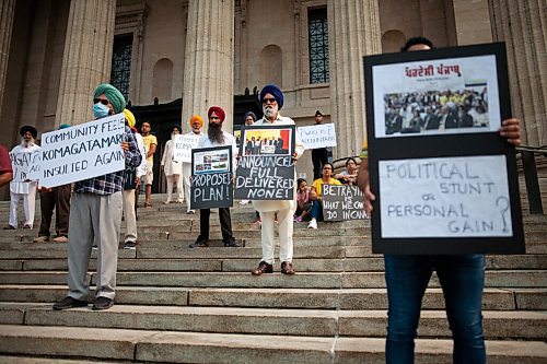 Daniel Crump / Winnipeg Free Press. Several dozen people gather on the steps on the Manitoba legislature Saturday afternoon to protest delays in the development of a Komagata Maru park. The Komagata Maru sailed from India to Canada in 1914 with 376 passengers from Punjab province on board, but only 24 passengers were allowed entry to Canada the other 352 were turned away and the ship was escorted from Canadian waters by HMCS Rainbow. July 17, 2021.