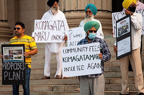Daniel Crump / Winnipeg Free Press. Several dozen people gather on the steps on the Manitoba legislature Saturday afternoon to protest delays in the development of a Komagata Maru park. The Komagata Maru sailed from India to Canada in 1914 with 376 passengers from Punjab province on board, but only 24 passengers were allowed entry to Canada the other 352 were turned away and the ship was escorted from Canadian waters by HMCS Rainbow. July 17, 2021.