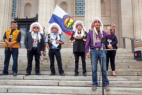 MIKE DEAL / WINNIPEG FREE PRESS
AMC Grand Chief Arlen Dumas along with other chiefs from the Treaty 5 First Nations gather on the front steps of the Manitoba Legislative building Monday morning to announce an action plan to combat hate crime and racism. 
210719 - Monday, July 19, 2021.