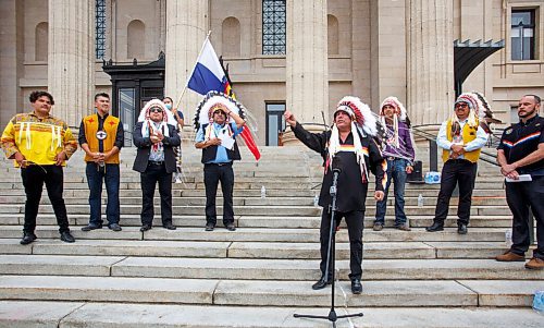 MIKE DEAL / WINNIPEG FREE PRESS
MKO Grand Chief Garrison Settee along with other chiefs from the Treaty 5 First Nations gather on the front steps of the Manitoba Legislative building Monday morning to announce an action plan to combat hate crime and racism. 
210719 - Monday, July 19, 2021.