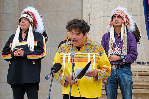 MIKE DEAL / WINNIPEG FREE PRESS
Wapastim Harper a Treaty 5 youth representative along with chiefs from the Treaty 5 First Nations gather on the front steps of the Manitoba Legislative building Monday morning to announce an action plan to combat hate crime and racism. 
210719 - Monday, July 19, 2021.