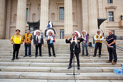 MIKE DEAL / WINNIPEG FREE PRESS
MKO Grand Chief Garrison Settee along with other chiefs from the Treaty 5 First Nations gather on the front steps of the Manitoba Legislative building Monday morning to announce an action plan to combat hate crime and racism. 
210719 - Monday, July 19, 2021.