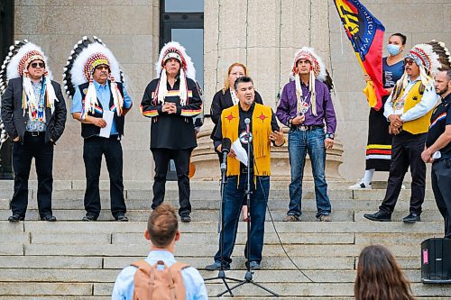 MIKE DEAL / WINNIPEG FREE PRESS
Chief Ted Bland of the York Factory First Nation along with other chiefs from the Treaty 5 First Nations gather on the front steps of the Manitoba Legislative building Monday morning to announce an action plan to combat hate crime and racism. 
210719 - Monday, July 19, 2021.