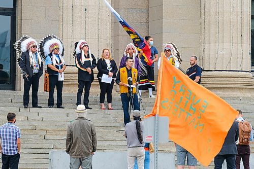 MIKE DEAL / WINNIPEG FREE PRESS
Chief Ted Bland of the York Factory First Nation along with other chiefs from the Treaty 5 First Nations gather on the front steps of the Manitoba Legislative building Monday morning to announce an action plan to combat hate crime and racism. 
210719 - Monday, July 19, 2021.