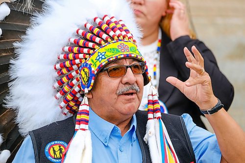 MIKE DEAL / WINNIPEG FREE PRESS
Chemawawin Cree Nation Chief Clarence Easter along with other chiefs from the Treaty 5 First Nations gather on the front steps of the Manitoba Legislative building Monday morning to announce an action plan to combat hate crime and racism. 
210719 - Monday, July 19, 2021.