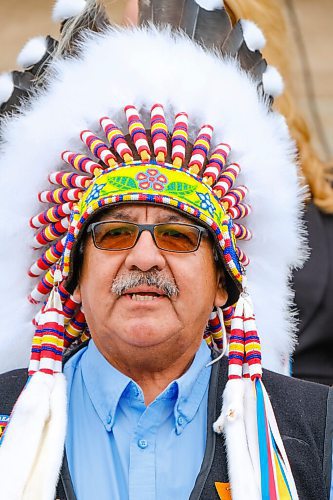 MIKE DEAL / WINNIPEG FREE PRESS
Chemawawin Cree Nation Chief Clarence Easter along with other chiefs from the Treaty 5 First Nations gather on the front steps of the Manitoba Legislative building Monday morning to announce an action plan to combat hate crime and racism. 
210719 - Monday, July 19, 2021.