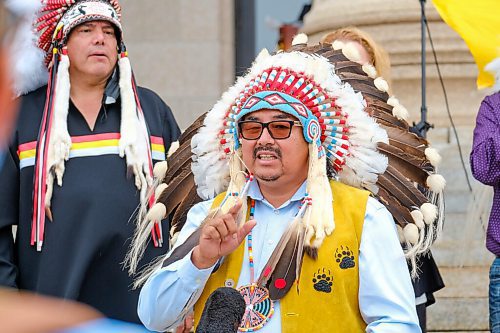 MIKE DEAL / WINNIPEG FREE PRESS
Black River First Nation Chief Sheldon Kent along with other chiefs from the Treaty 5 First Nations gather on the front steps of the Manitoba Legislative building Monday morning to announce an action plan to combat hate crime and racism. 
210719 - Monday, July 19, 2021.