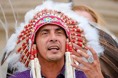 MIKE DEAL / WINNIPEG FREE PRESS
AMC Grand Chief Arlen Dumas along with other chiefs from the Treaty 5 First Nations gather on the front steps of the Manitoba Legislative building Monday morning to announce an action plan to combat hate crime and racism. 
210719 - Monday, July 19, 2021.