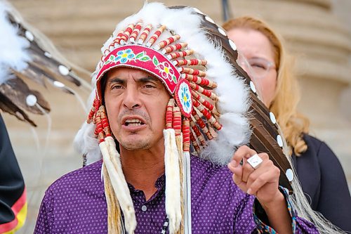 MIKE DEAL / WINNIPEG FREE PRESS
AMC Grand Chief Arlen Dumas along with other chiefs from the Treaty 5 First Nations gather on the front steps of the Manitoba Legislative building Monday morning to announce an action plan to combat hate crime and racism. 
210719 - Monday, July 19, 2021.