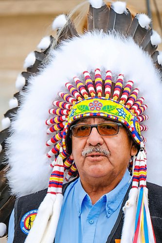 MIKE DEAL / WINNIPEG FREE PRESS
Chemawawin Cree Nation Chief Clarence Easter along with other chiefs from the Treaty 5 First Nations gather on the front steps of the Manitoba Legislative building Monday morning to announce an action plan to combat hate crime and racism. 
210719 - Monday, July 19, 2021.