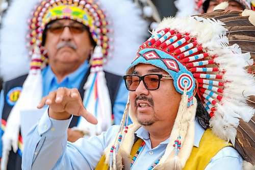 MIKE DEAL / WINNIPEG FREE PRESS
Black River First Nation Chief Sheldon Kent along with other chiefs from the Treaty 5 First Nations gather on the front steps of the Manitoba Legislative building Monday morning to announce an action plan to combat hate crime and racism. 
210719 - Monday, July 19, 2021.