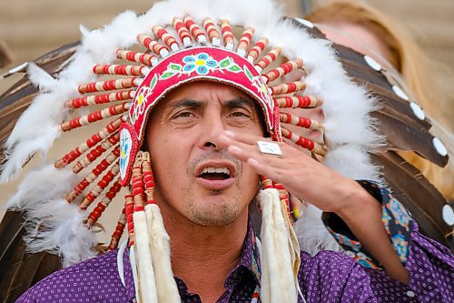 MIKE DEAL / WINNIPEG FREE PRESS
AMC Grand Chief Arlen Dumas along with other chiefs from the Treaty 5 First Nations gather on the front steps of the Manitoba Legislative building Monday morning to announce an action plan to combat hate crime and racism. 
210719 - Monday, July 19, 2021.