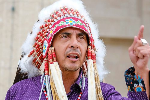 MIKE DEAL / WINNIPEG FREE PRESS
AMC Grand Chief Arlen Dumas along with other chiefs from the Treaty 5 First Nations gather on the front steps of the Manitoba Legislative building Monday morning to announce an action plan to combat hate crime and racism. 
210719 - Monday, July 19, 2021.