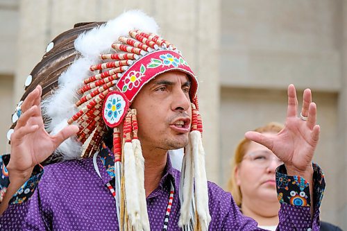 MIKE DEAL / WINNIPEG FREE PRESS
AMC Grand Chief Arlen Dumas along with other chiefs from the Treaty 5 First Nations gather on the front steps of the Manitoba Legislative building Monday morning to announce an action plan to combat hate crime and racism. 
210719 - Monday, July 19, 2021.