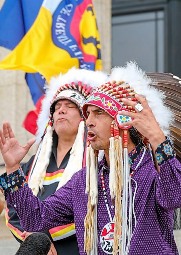 MIKE DEAL / WINNIPEG FREE PRESS
AMC Grand Chief Arlen Dumas along with other chiefs from the Treaty 5 First Nations gather on the front steps of the Manitoba Legislative building Monday morning to announce an action plan to combat hate crime and racism. 
210719 - Monday, July 19, 2021.