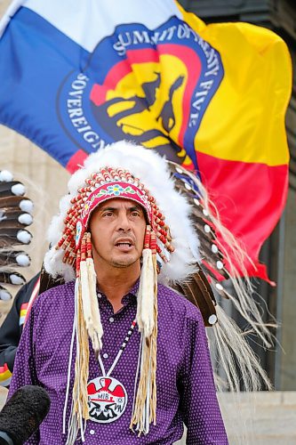 MIKE DEAL / WINNIPEG FREE PRESS
AMC Grand Chief Arlen Dumas along with other chiefs from the Treaty 5 First Nations gather on the front steps of the Manitoba Legislative building Monday morning to announce an action plan to combat hate crime and racism. 
210719 - Monday, July 19, 2021.