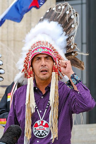 MIKE DEAL / WINNIPEG FREE PRESS
AMC Grand Chief Arlen Dumas along with other chiefs from the Treaty 5 First Nations gather on the front steps of the Manitoba Legislative building Monday morning to announce an action plan to combat hate crime and racism. 
210719 - Monday, July 19, 2021.