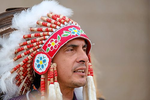 MIKE DEAL / WINNIPEG FREE PRESS
AMC Grand Chief Arlen Dumas along with other chiefs from the Treaty 5 First Nations gather on the front steps of the Manitoba Legislative building Monday morning to announce an action plan to combat hate crime and racism. 
210719 - Monday, July 19, 2021.