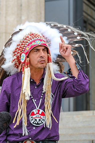 MIKE DEAL / WINNIPEG FREE PRESS
AMC Grand Chief Arlen Dumas along with other chiefs from the Treaty 5 First Nations gather on the front steps of the Manitoba Legislative building Monday morning to announce an action plan to combat hate crime and racism. 
210719 - Monday, July 19, 2021.