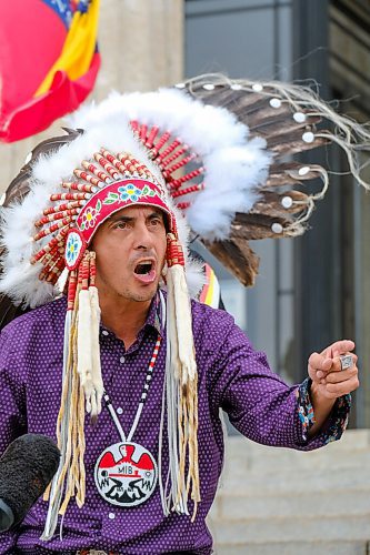 MIKE DEAL / WINNIPEG FREE PRESS
AMC Grand Chief Arlen Dumas along with other chiefs from the Treaty 5 First Nations gather on the front steps of the Manitoba Legislative building Monday morning to announce an action plan to combat hate crime and racism. 
210719 - Monday, July 19, 2021.