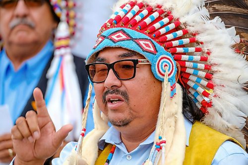 MIKE DEAL / WINNIPEG FREE PRESS
Black River First Nation Chief Sheldon Kent along with other chiefs from the Treaty 5 First Nations gather on the front steps of the Manitoba Legislative building Monday morning to announce an action plan to combat hate crime and racism. 
210719 - Monday, July 19, 2021.