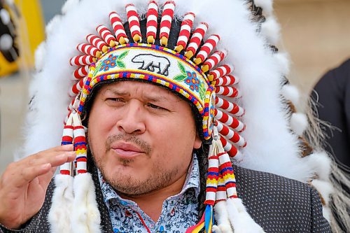 MIKE DEAL / WINNIPEG FREE PRESS
Jerry Daniels, Grand Chief of the Southern Chiefs' Organization along with other chiefs from the Treaty 5 First Nations gather on the front steps of the Manitoba Legislative building Monday morning to announce an action plan to combat hate crime and racism. 
210719 - Monday, July 19, 2021.