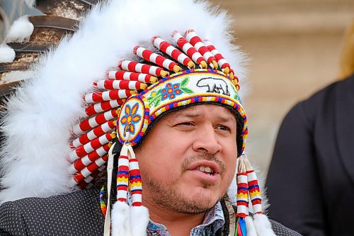 MIKE DEAL / WINNIPEG FREE PRESS
Jerry Daniels, Grand Chief of the Southern Chiefs' Organization along with other chiefs from the Treaty 5 First Nations gather on the front steps of the Manitoba Legislative building Monday morning to announce an action plan to combat hate crime and racism. 
210719 - Monday, July 19, 2021.