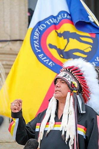 MIKE DEAL / WINNIPEG FREE PRESS
MKO Grand Chief Garrison Settee along with other chiefs from the Treaty 5 First Nations gather on the front steps of the Manitoba Legislative building Monday morning to announce an action plan to combat hate crime and racism. 
210719 - Monday, July 19, 2021.