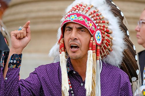 MIKE DEAL / WINNIPEG FREE PRESS
AMC Grand Chief Arlen Dumas along with other chiefs from the Treaty 5 First Nations gather on the front steps of the Manitoba Legislative building Monday morning to announce an action plan to combat hate crime and racism. 
210719 - Monday, July 19, 2021.