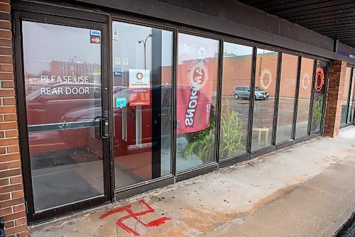 ALEX LUPUL / WINNIPEG FREE PRESS  

Graffiti is photographed outside of Stone Angel Brewing Co. in Winnipeg on Wednesday, July 21, 2021. The brewing company was vandalized overnight.