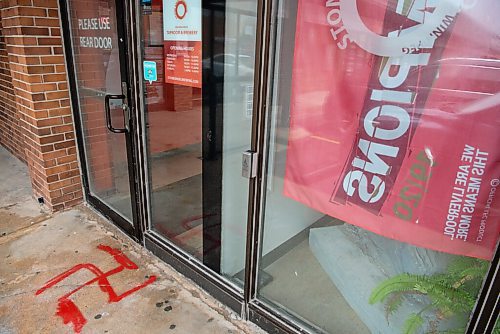 ALEX LUPUL / WINNIPEG FREE PRESS  

Graffiti is photographed outside of Stone Angel Brewing Co. in Winnipeg on Wednesday, July 21, 2021. The brewing company was vandalized overnight.