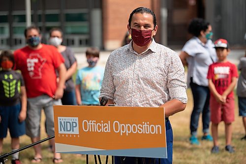 ALEX LUPUL / WINNIPEG FREE PRESS  

NDP Leader Wab Kinew speaks during a press conference outside of Churchill High School in Winnipeg on Thursday, July 22, 2021. Kinew and local parents spoke about the need to improve ventilation in schools before classes resume in the fall.