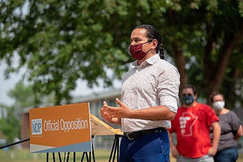 ALEX LUPUL / WINNIPEG FREE PRESS  

NDP Leader Wab Kinew speaks during a press conference outside of Churchill High School in Winnipeg on Thursday, July 22, 2021. Kinew and local parents spoke about the need to improve ventilation in schools before classes resume in the fall.