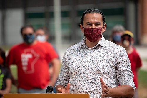 ALEX LUPUL / WINNIPEG FREE PRESS  

NDP Leader Wab Kinew speaks during a press conference outside of Churchill High School in Winnipeg on Thursday, July 22, 2021. Kinew and local parents spoke about the need to improve ventilation in schools before classes resume in the fall.