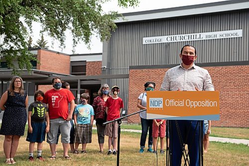 ALEX LUPUL / WINNIPEG FREE PRESS  

NDP Leader Wab Kinew speaks during a press conference outside of Churchill High School in Winnipeg on Thursday, July 22, 2021. Kinew and local parents spoke about the need to improve ventilation in schools before classes resume in the fall.