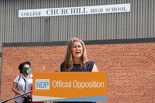 ALEX LUPUL / WINNIPEG FREE PRESS  

Tamara Kuly, a mother of two and a member of the parent advisory committee for Luxton School, speaks during a press conference outside of Churchill High School in Winnipeg on Thursday, July 22, 2021. Kinew and local parents spoke about the need to improve ventilation in schools before classes resume in the fall.