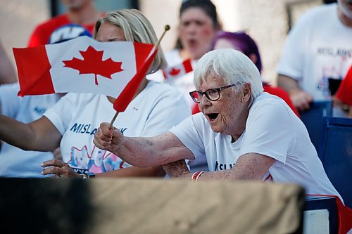 JOHN WOODS / WINNIPEG FREE PRESS
Josephine Leddy, grandmother of Canadian Triathlete Tyler Mislawchuck cheers him on as he races at the Tokyo Olympics at his parents house in Oak Bluff Sunday, July 25, 2021. 

Reporter: Sawatzky