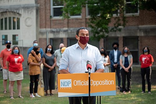 ALEX LUPUL / WINNIPEG FREE PRESS  

Wab Kinew, NDP Leader, speaks outside of Riverview School in Winnipeg on Tuesday, July, 27, 2021.

Reporter: Carol Sanders